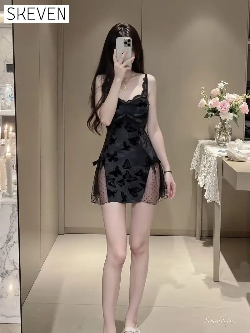 Women's Slim Fit Low V Lace-Up Butterfly Print Camisole Nightgown with Bralette and Backless Loungewear Set