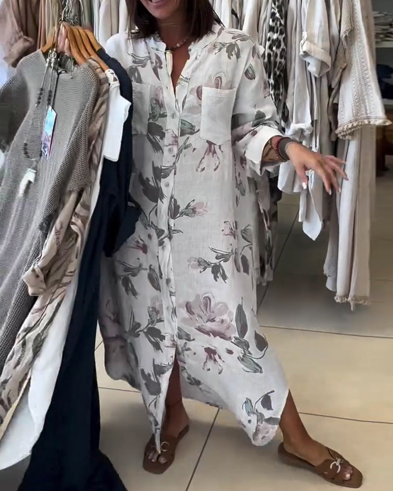 Stand Collar Long Sleeve Printed Shirt Dress
