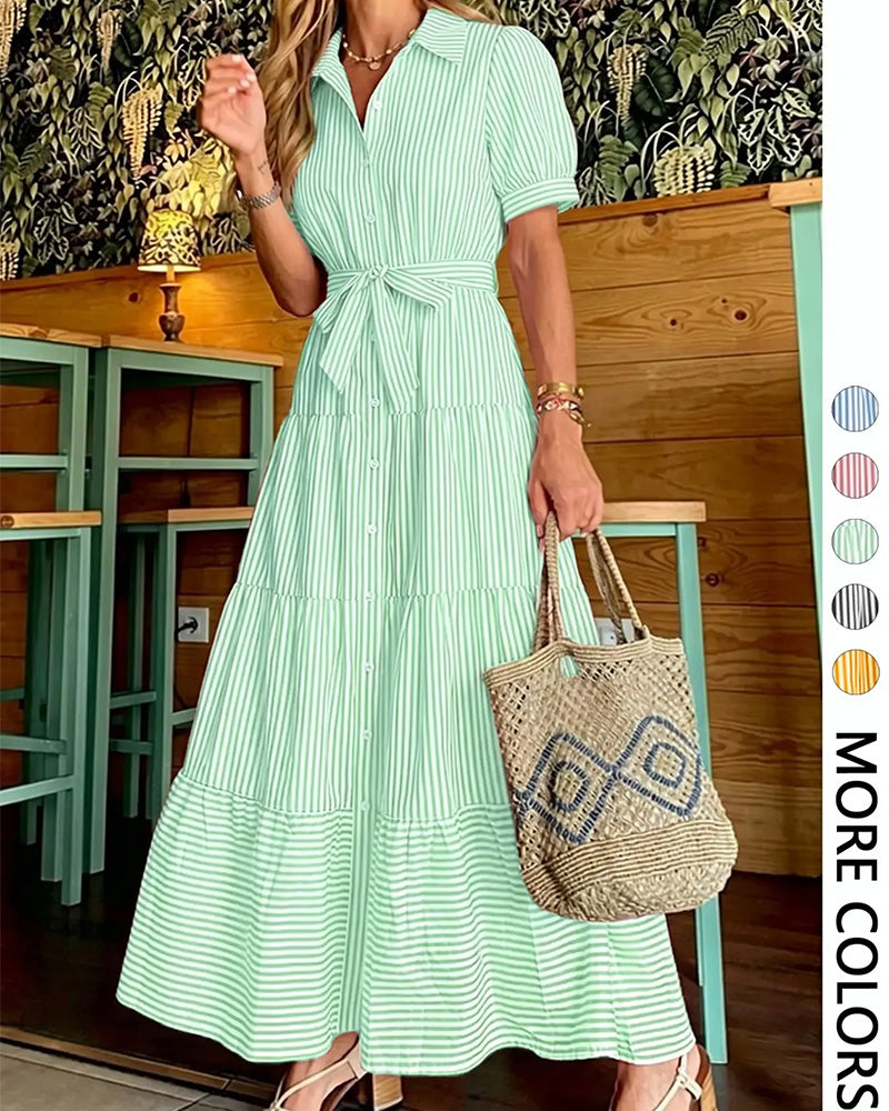 Striped Waist-Cinching Tiered Shirt Maxi Dress