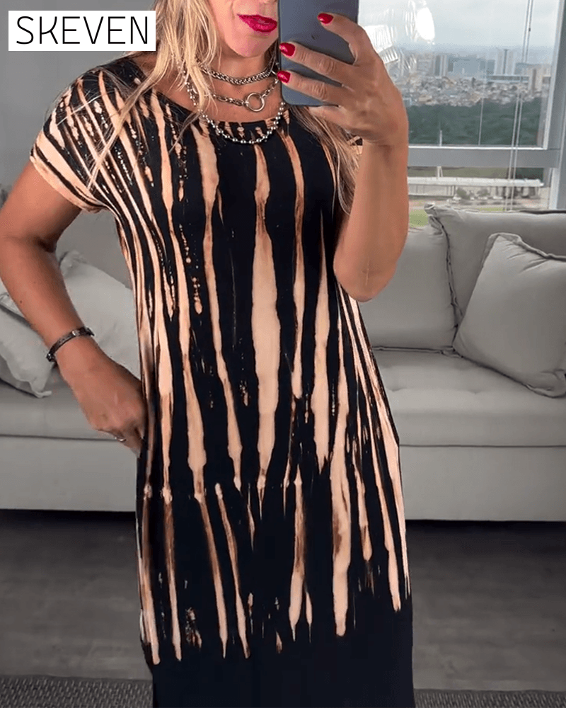 Casual Short-Sleeved Slit Round Neck Printed Dress