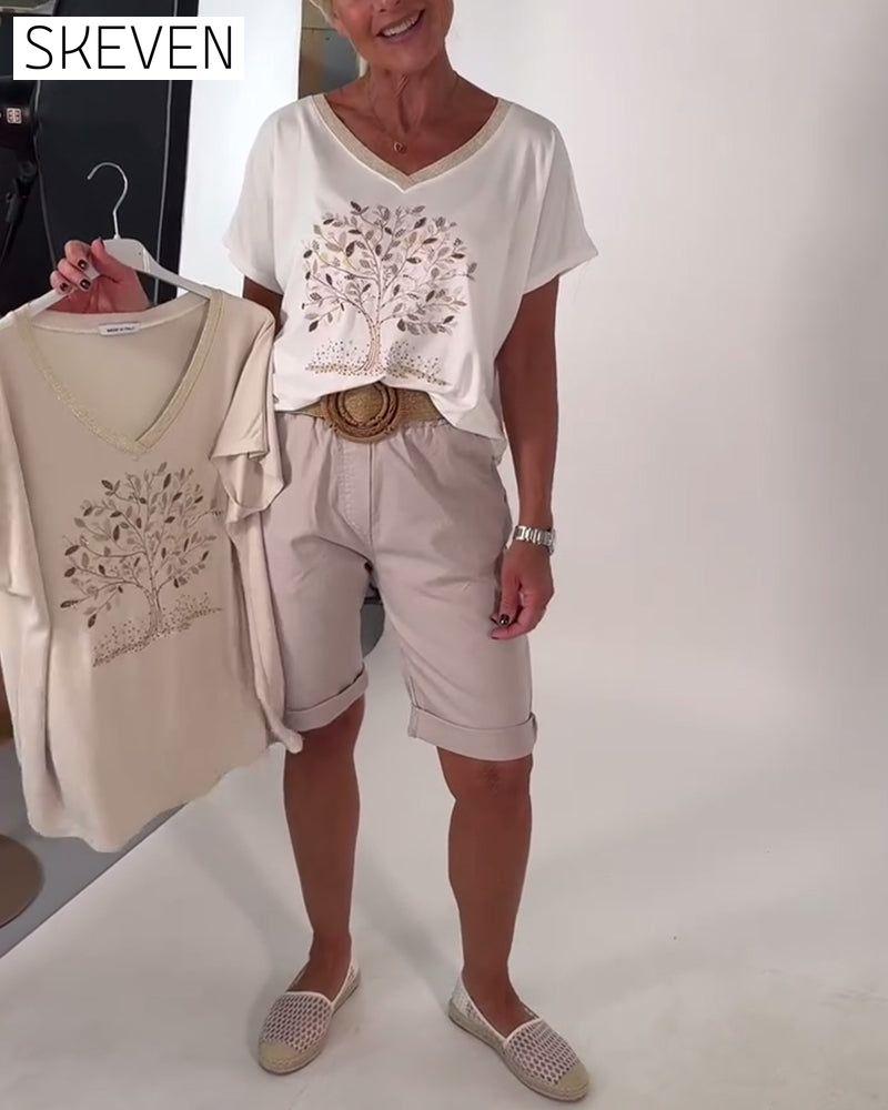 Vielseitiges T-Shirt mit V-Ausschnitt und Print