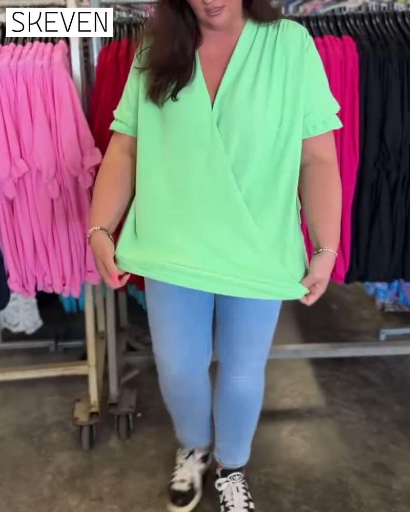 V-neck ruffle trim solid color casual blouse