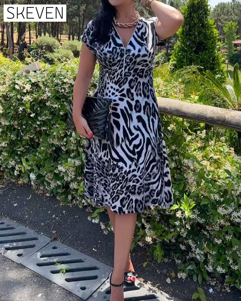 V-Neck Zip-Up Leopard Print Dress