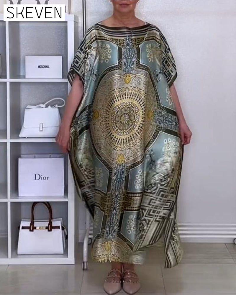 Boho-Kleid mit Print und Schlitz, locker geschnitten