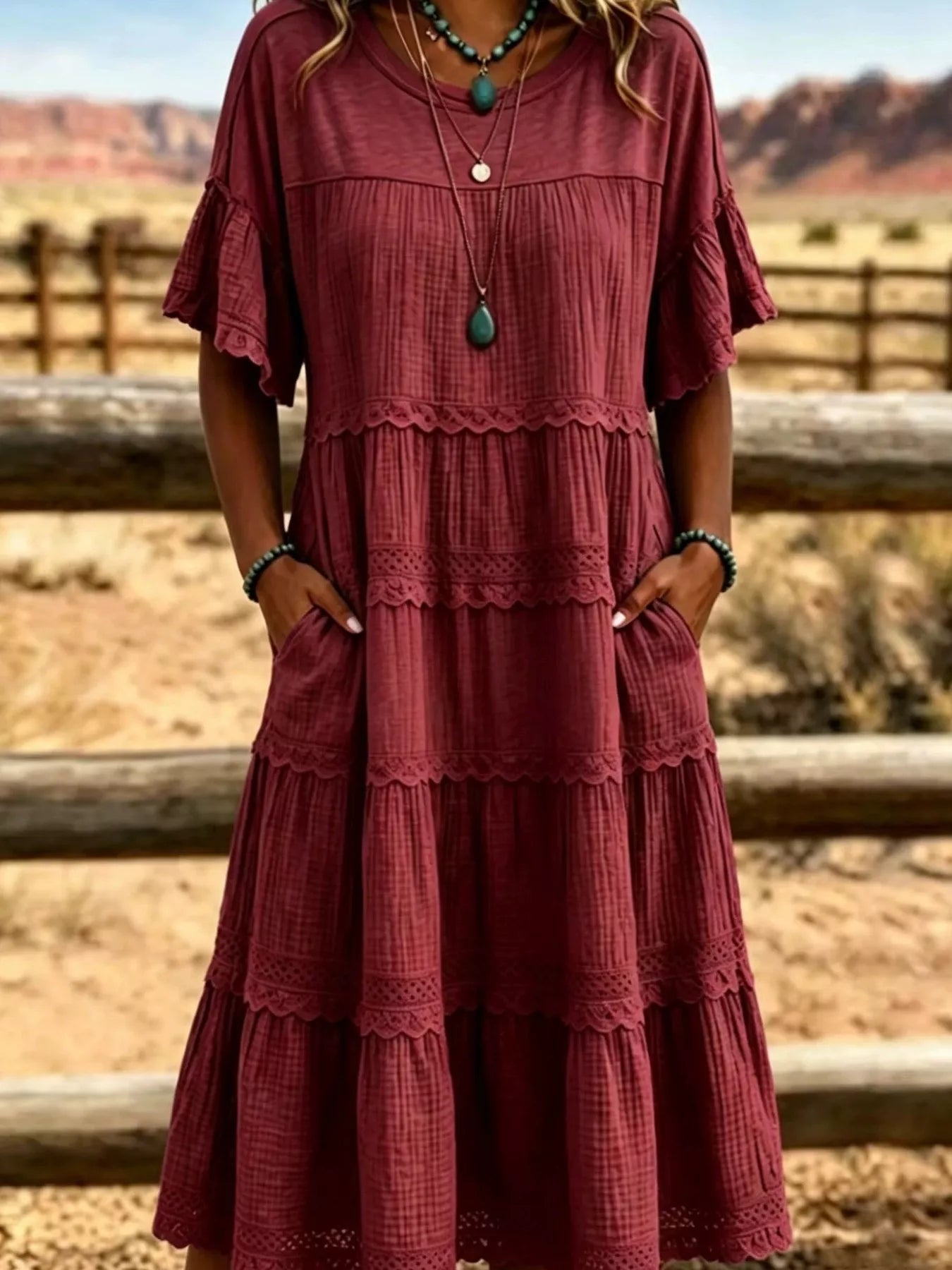 Full Size Tiered Ruffle Sleeve Midi Dress with Pockets Plus Size