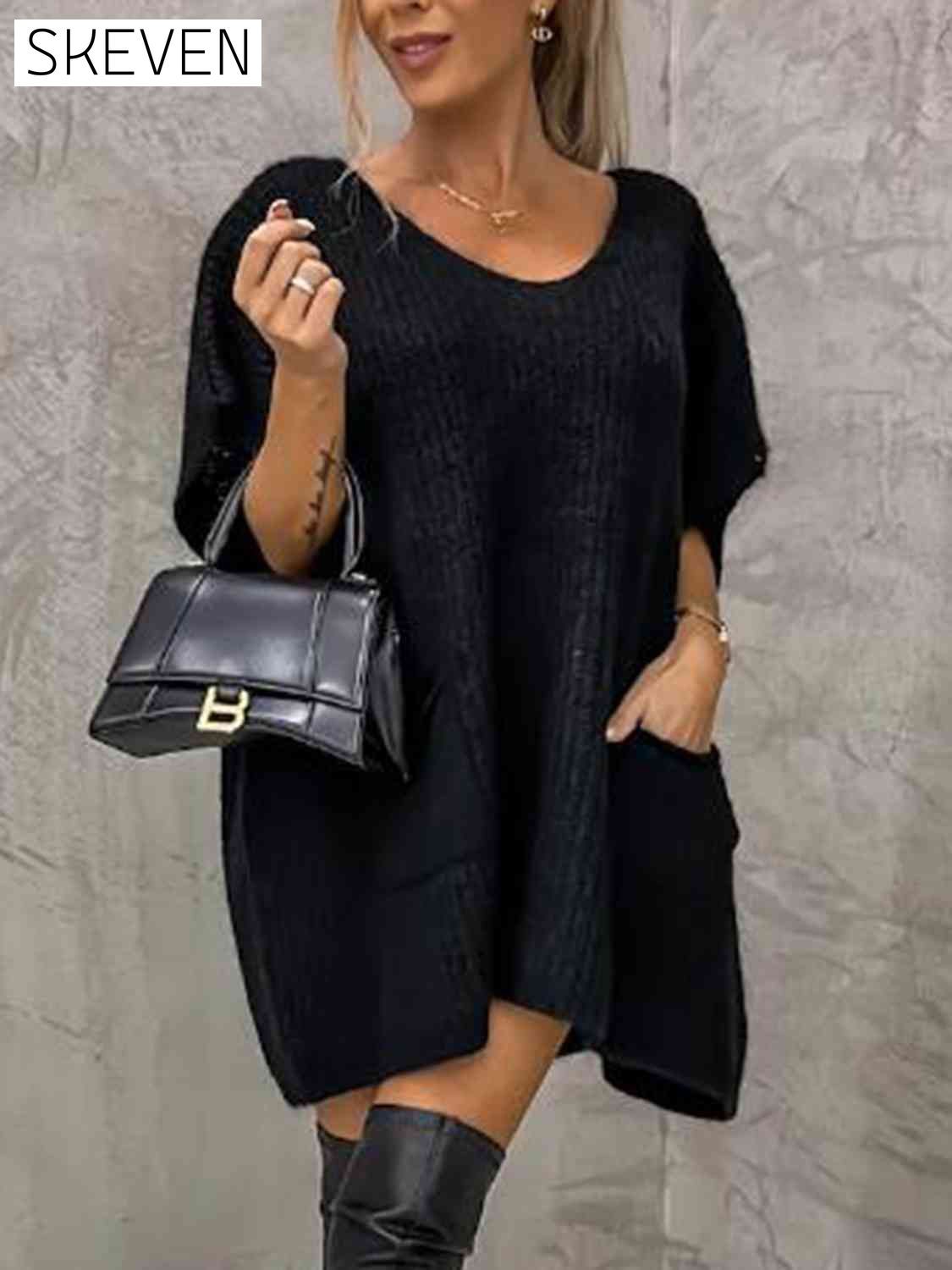Short Sleeve Sweater Dress with Pockets Black A@Y@M clothes Ship From Overseas