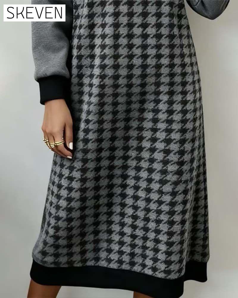 Round Neck Houndstooth Color-Block Dress