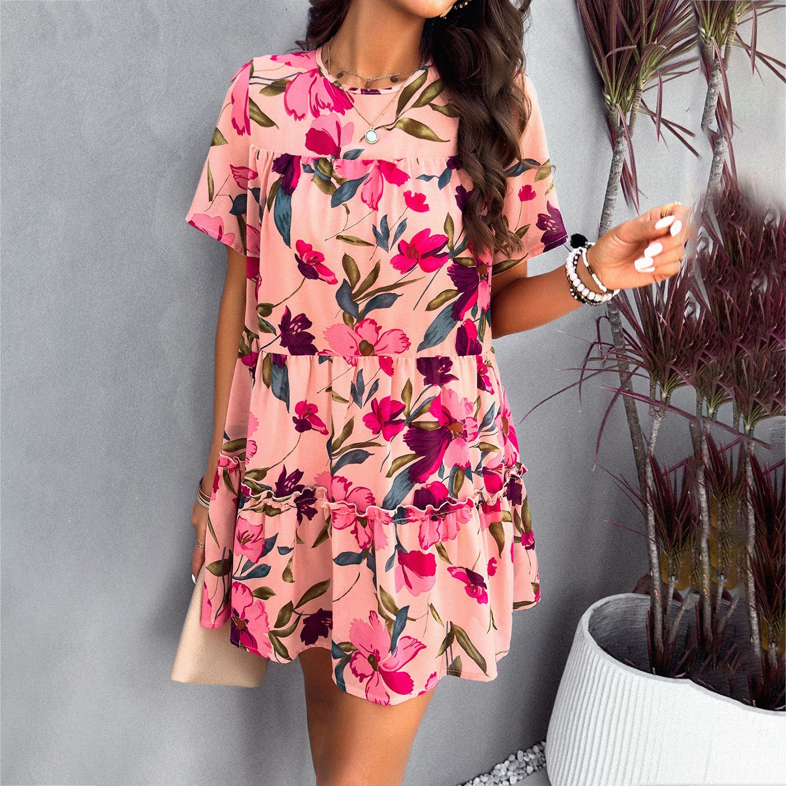 Floral Printed Tiered Tie-Back Mini Dress