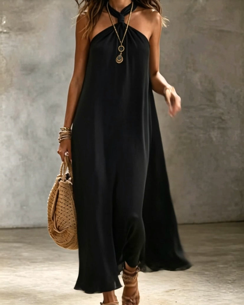 Solid Color Halterneck Sleeveless Dress