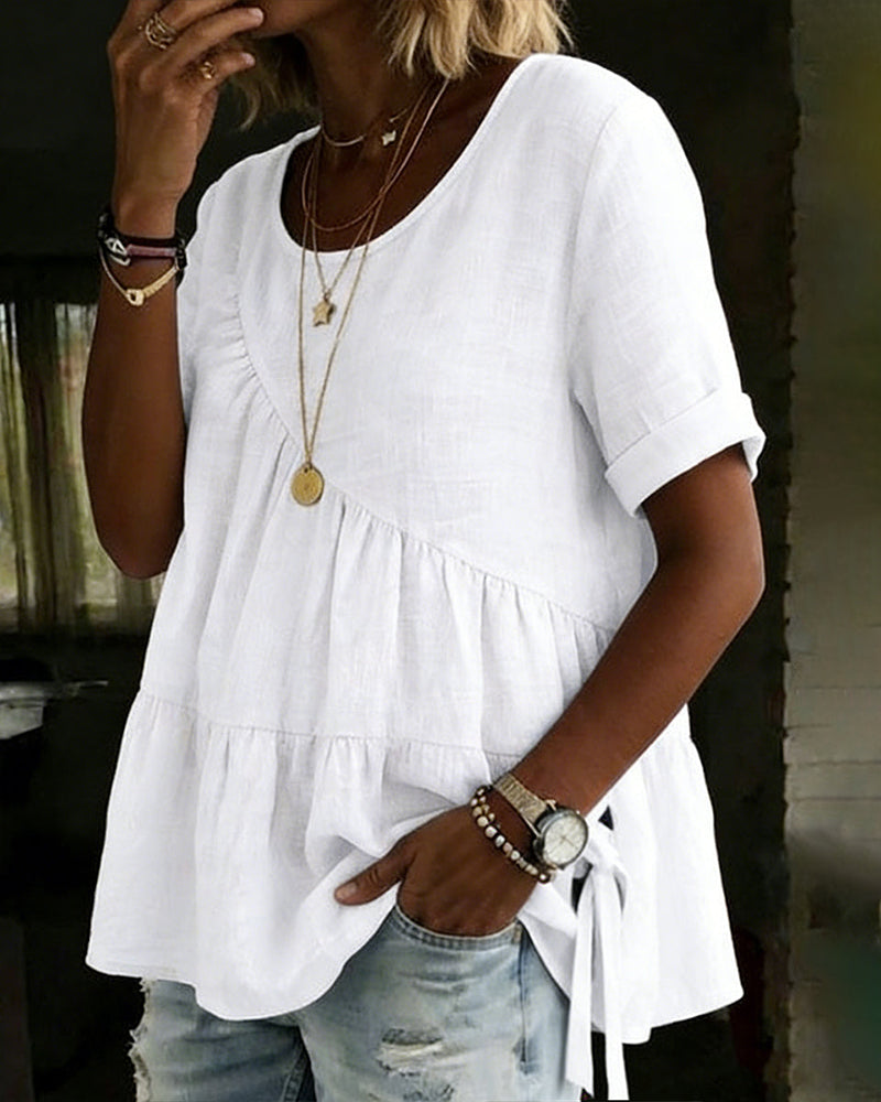 Loose-Fit Solid-Color Pleated Blouse