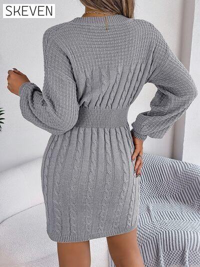 Cable-Knit Cutout Round Neck Slit Long Sleeve Sweater Dress B.J.S clothes dress dresses long sleeve dress long sleeve dresses Ship From Overseas short dresses