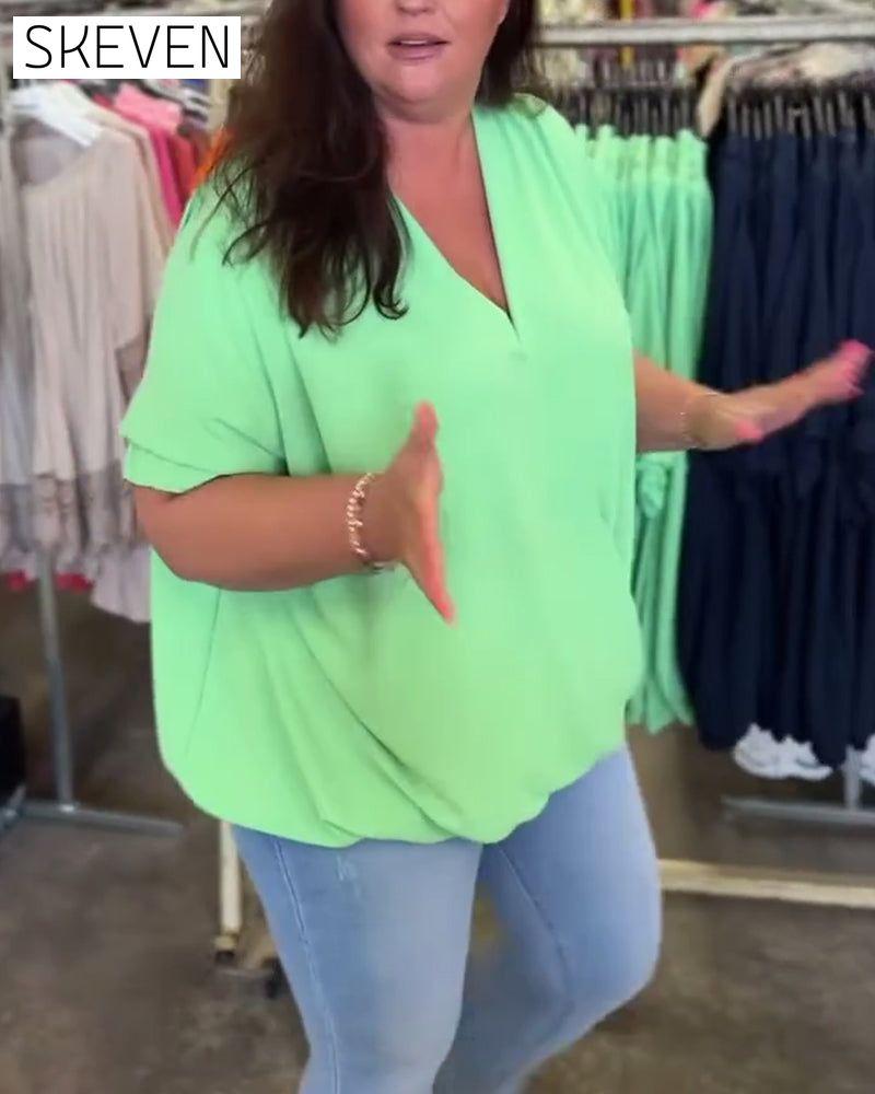 V-neck ruffle trim solid color casual blouse