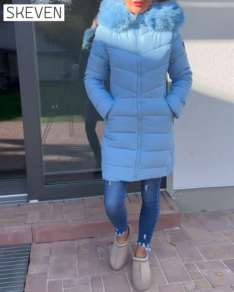Casual solid color zipper pocket hooded padded jacket