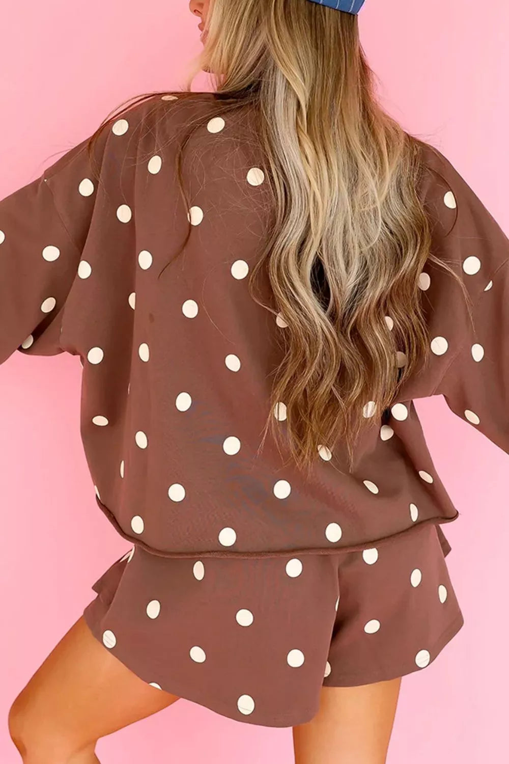 Polka Dot Raw Hem Relaxed Pullover Loose Skort Two Piece Set