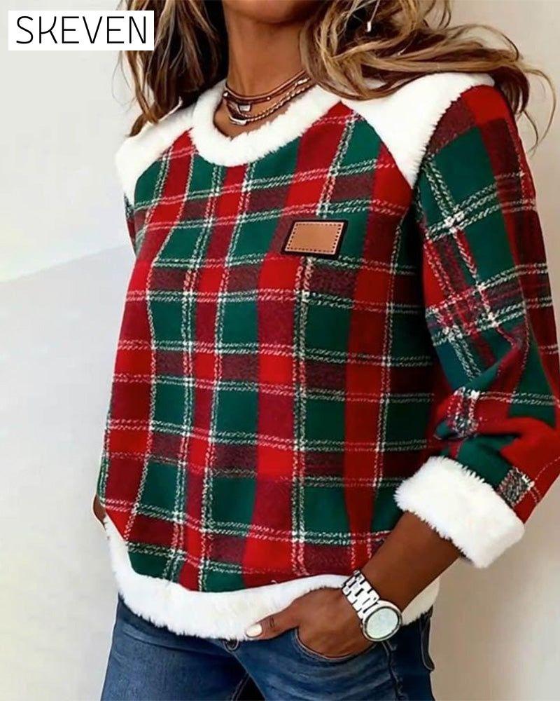 Plüschiges Patchwork-Sweatshirt mit Rundhalsausschnitt