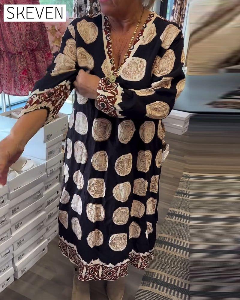 Long-Sleeved V-Neck Printed Dress