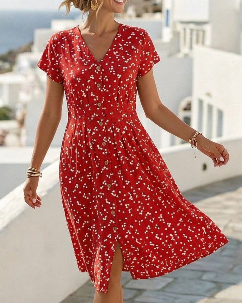 Floral Waist Tie V-Neck Dress