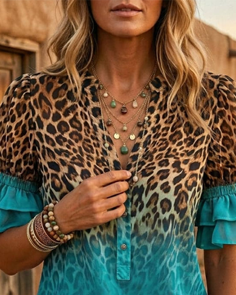 Leopard Print V-Neck Gradient Ruffle Blouse