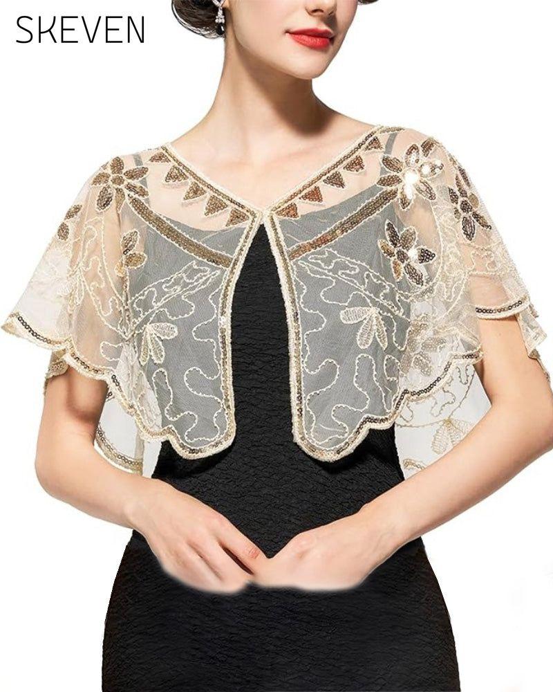 Châle vintage en dentelle orné de perles