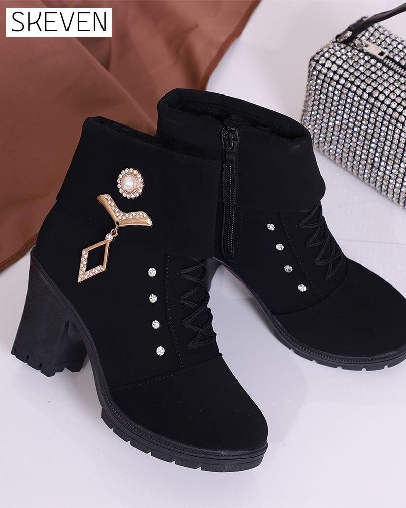 Women's Chunky Heeled Ankle Boots with Rhinestone Decor