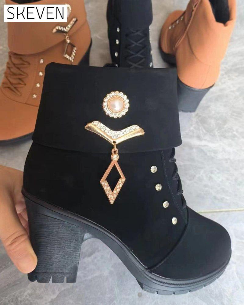 Women's Chunky Heeled Ankle Boots with Rhinestone Decor