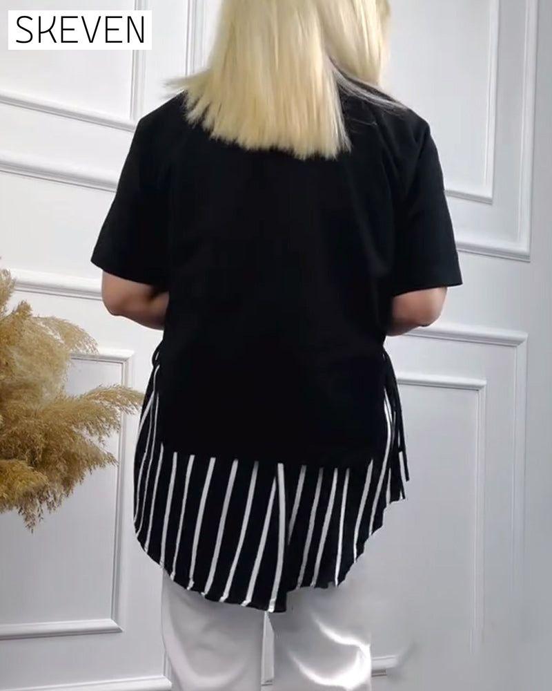 Casual striped print patchwork short-sleeve top 202466 blouses & shirts summer