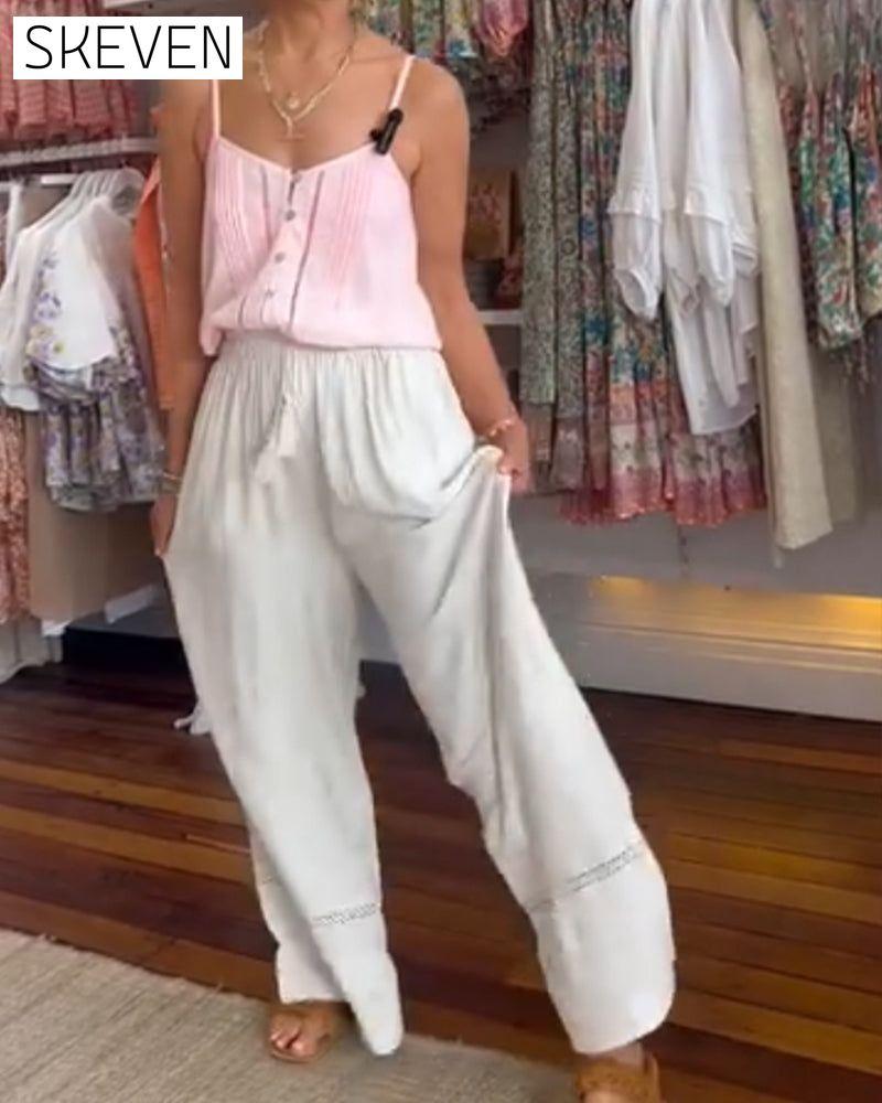 Solid color comfortable wide leg pants with pockets