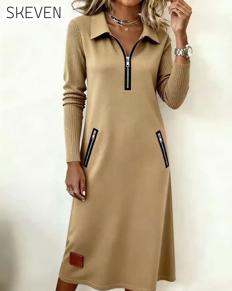 Lapel Half-Zip Shift Dress