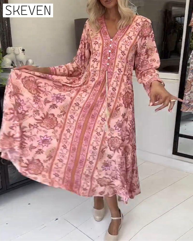 Elegantes bedrucktes Kleid mit V-Ausschnitt, Knopfleiste und Kordelzug