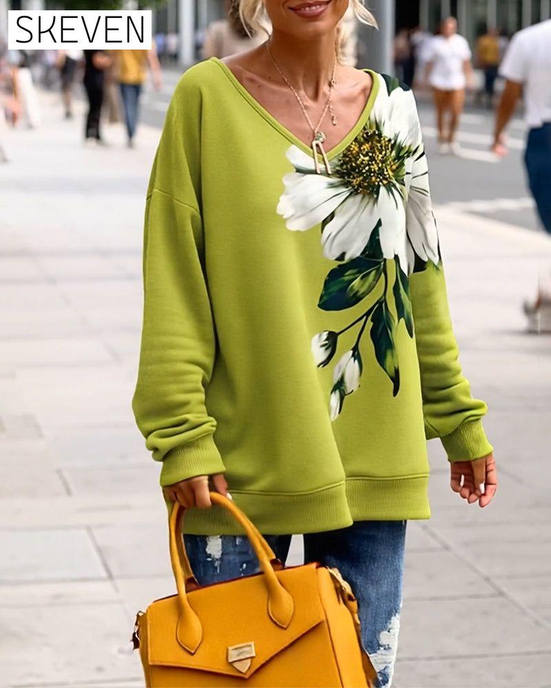 Bedrucktes Sweatshirt mit V-Ausschnitt und lockerer Passform