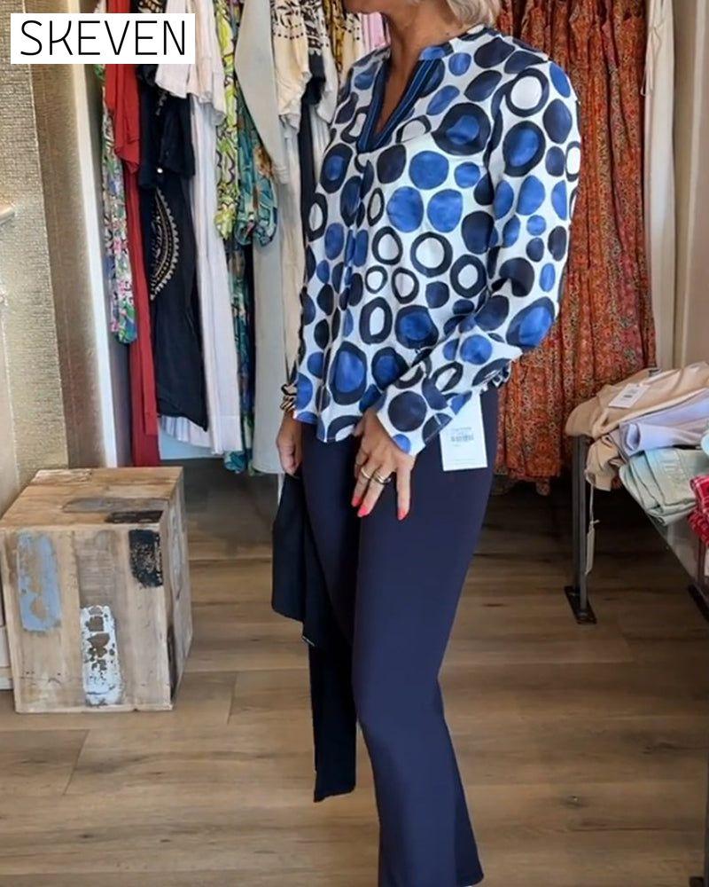 Langarmbluse mit Polka-Dot-Muster, V-Ausschnitt