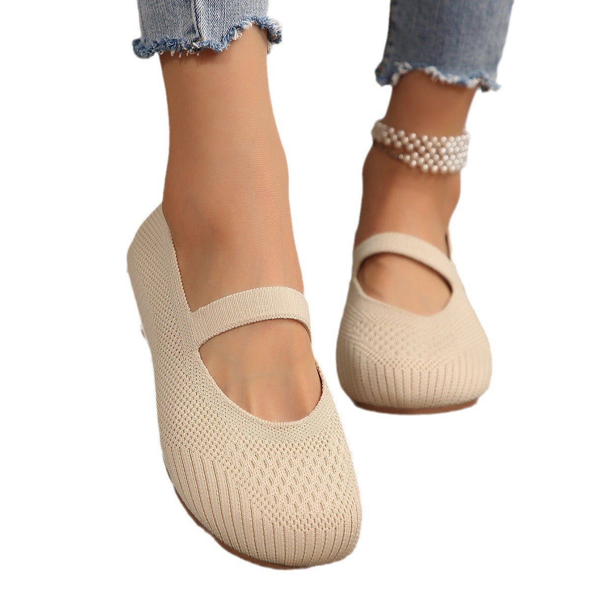 Women's Flat Bottom Pumps Round Toe Shallow Mouth Low-top Slip-on Flyknit