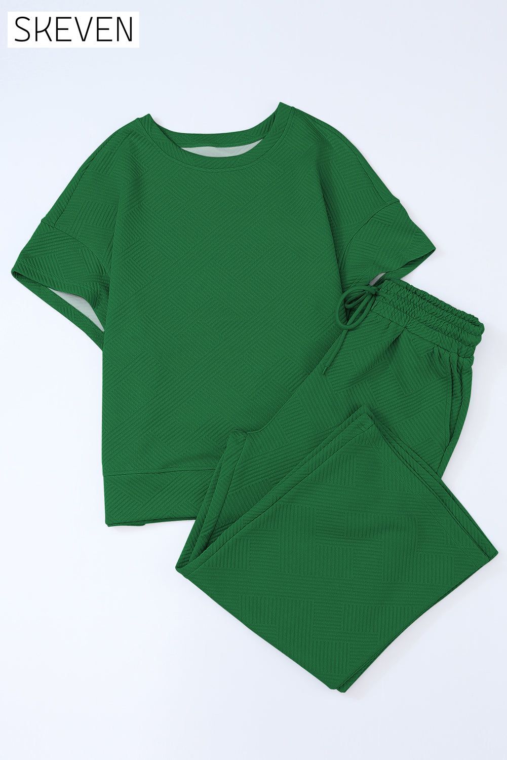 Dark Green Textured Loose Fit T Shirt and Drawstring Pants Set 2 pieces Best Sellers clothes EDM Homewear EDM Monthly Recomend Fabric Ribbed lounge wear Occasion Home pants set Print Solid Color Season Summer sets Silhouette Wide Leg Style Casual