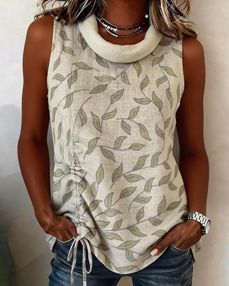 Green Leaf Print Drawstring Tank Top