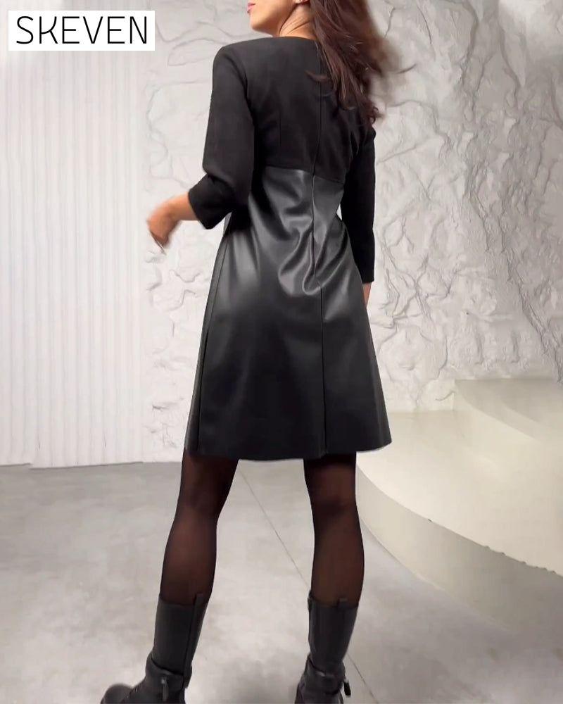 Paneled leather solid color dress