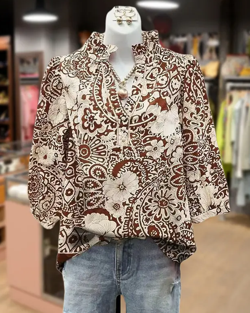 Paisley Floral Print Mandarin Collar Blouse