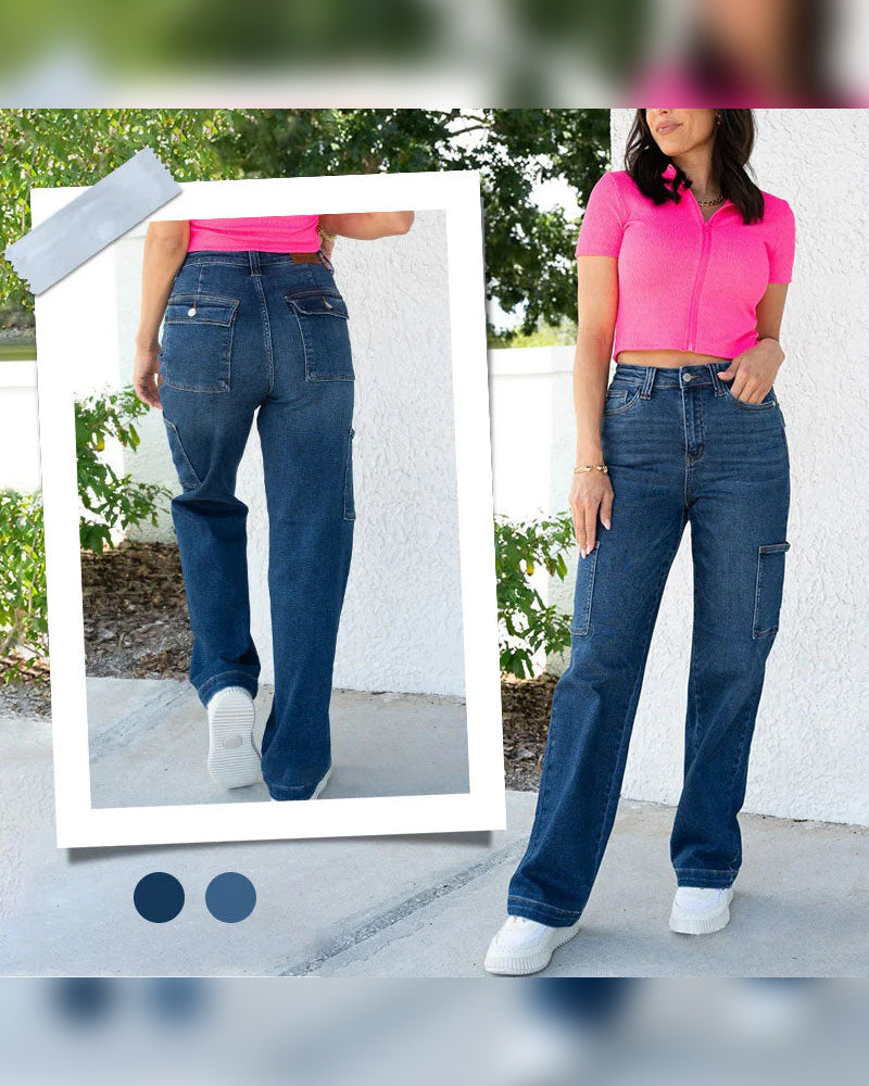 High Rise Cargo Wide-Leg Stretch Jeans for Women