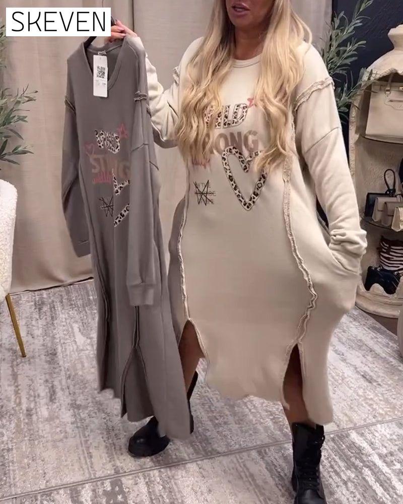 Langärmeliges, bedrucktes, locker sitzendes Kleid