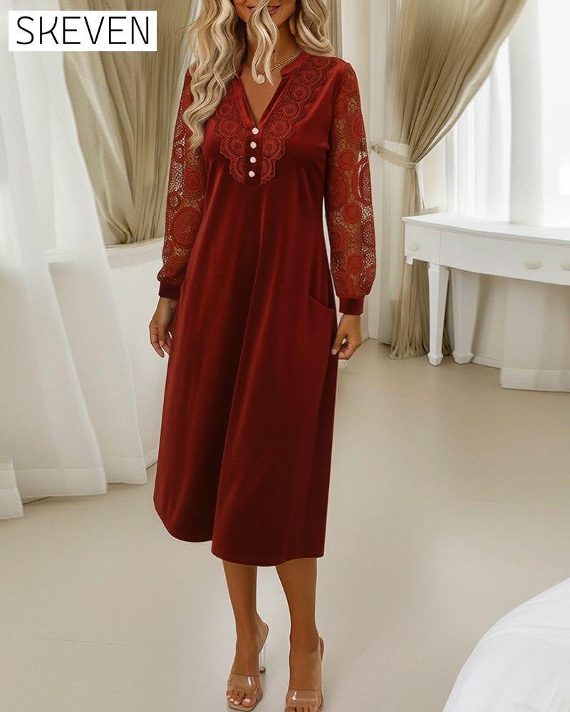 Lace Long-Sleeved V-Neck Velvet Dress