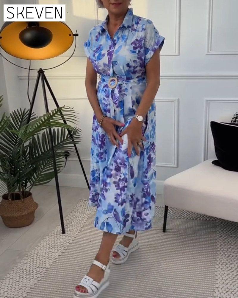 Elegant floral print lapel waist pleated dress 202466 casual dresses summer