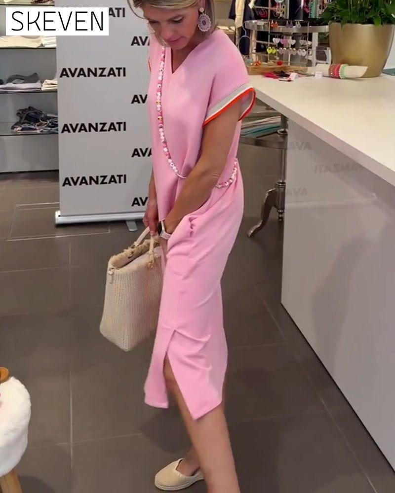 Robe décontractée fendue à manches en V et col en V, manches en feuille de lotus