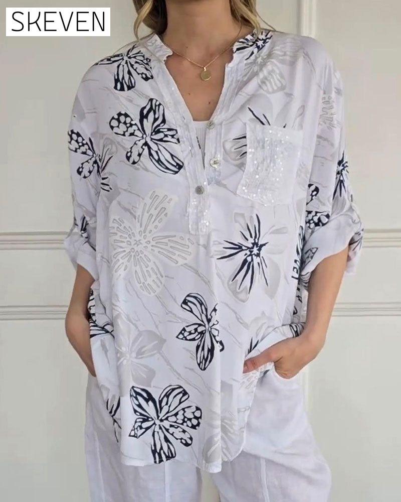 Floral Button V-Neck Blouse