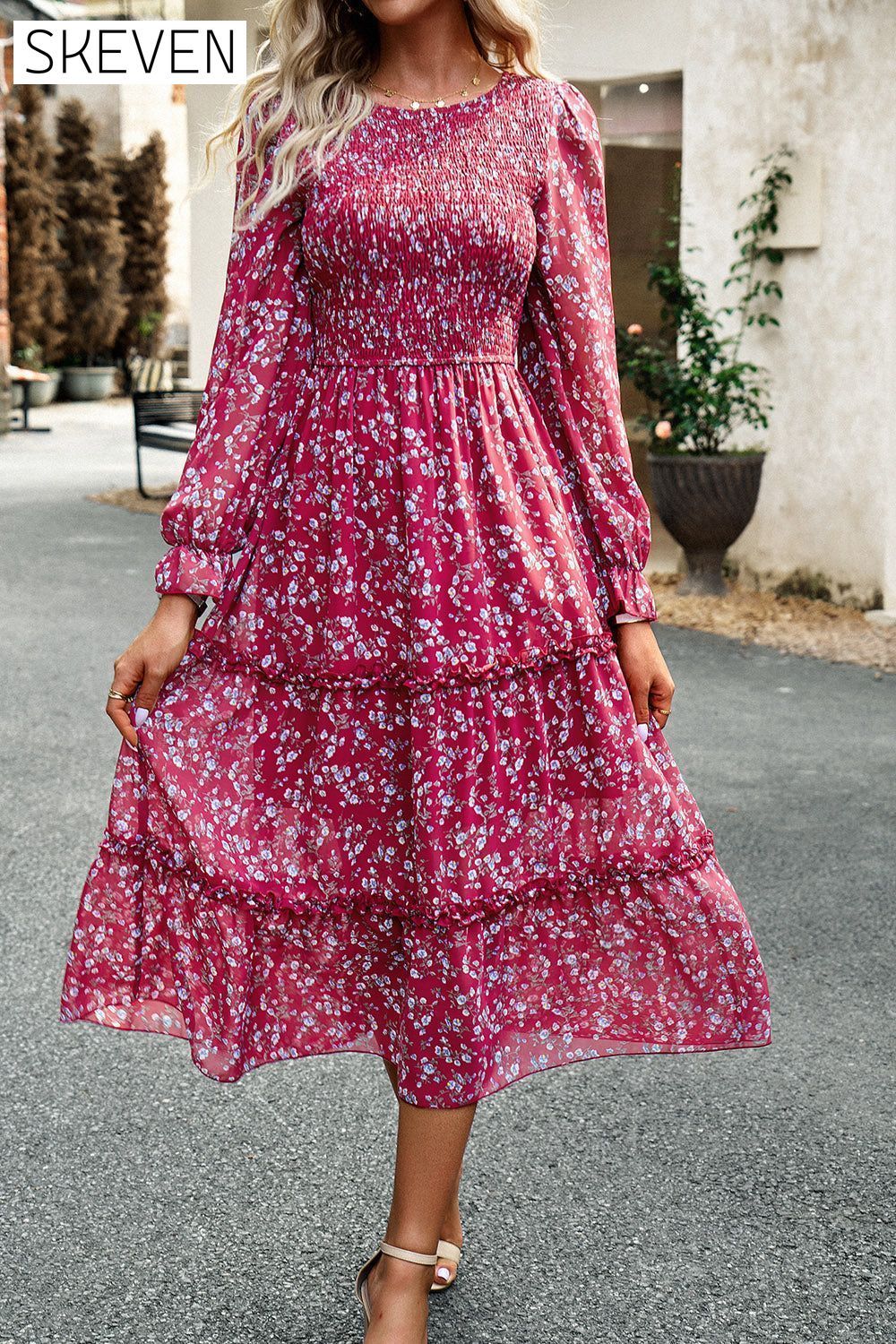 Smocked Flounce Sleeve Midi Dress clothes DY Ship From Overseas trendsi