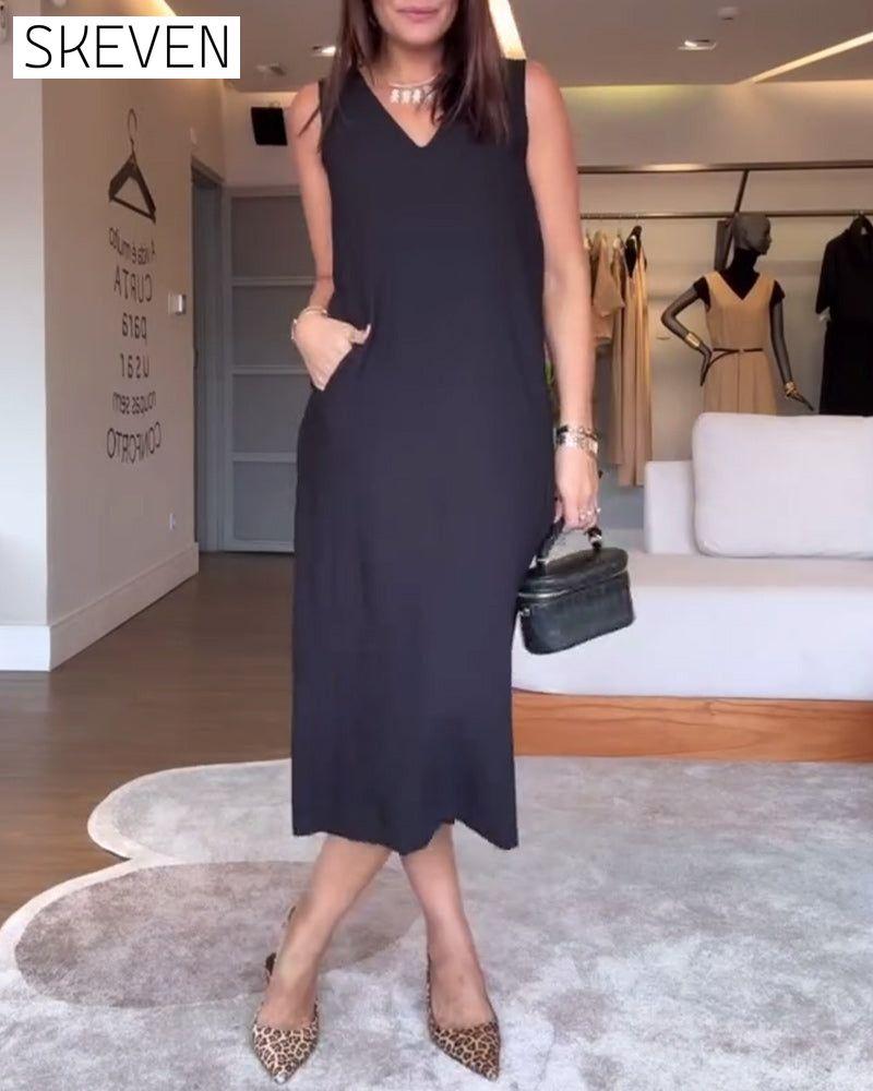 Robe décontractée sans manches à col en V et fente unie