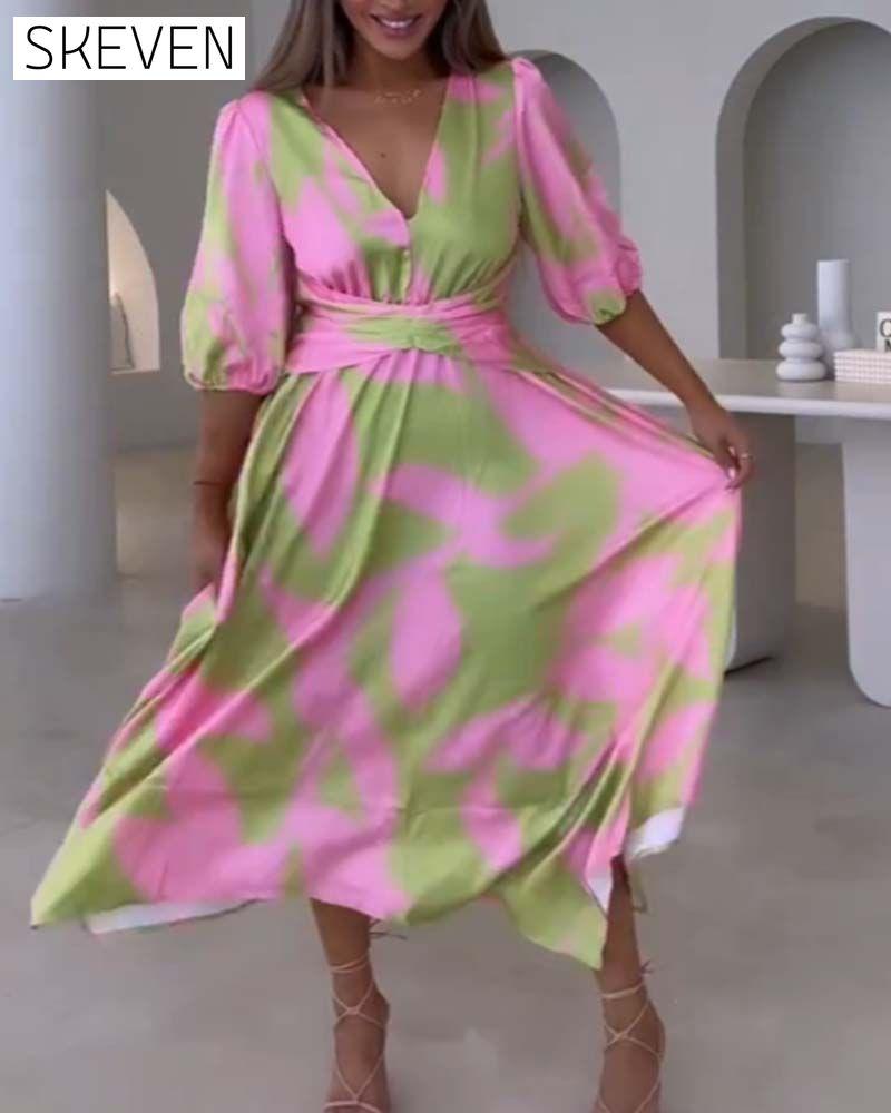 Deep V half-sleeve printed elegant dress casual dresses party dresses spring summer