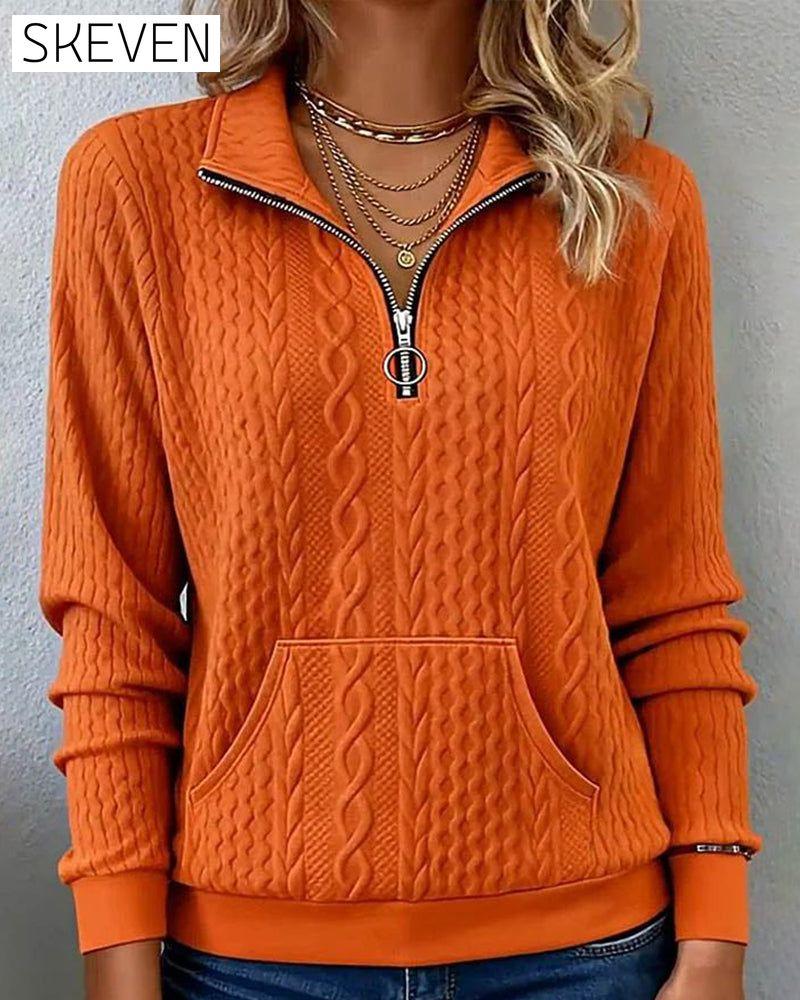 Sweatshirt mit halbem Reißverschluss, Jacquardmuster, einfarbig