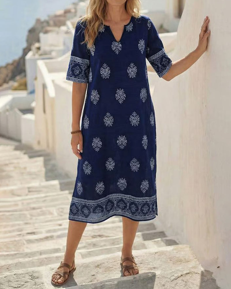 V-Neck Printed Straight Dress