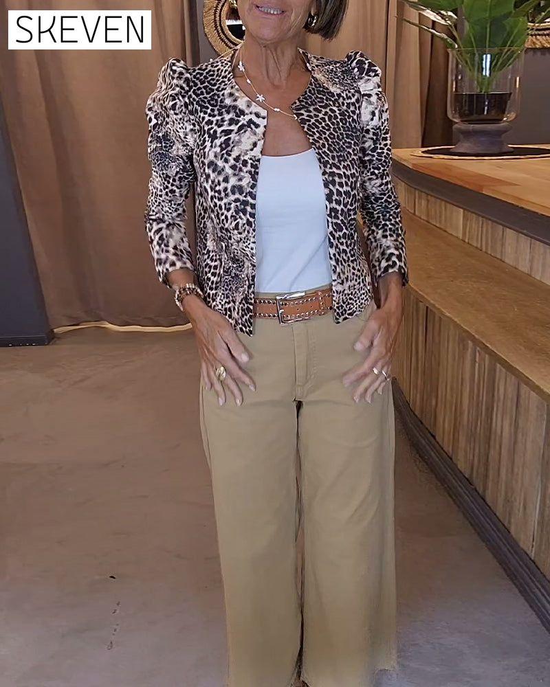 Leopard print puff sleeve casual jacket