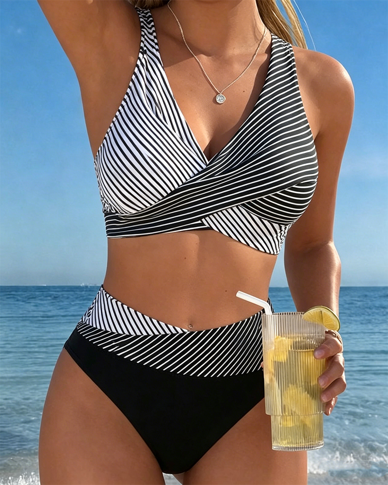 Crisscross Stripe Color Block Bikini