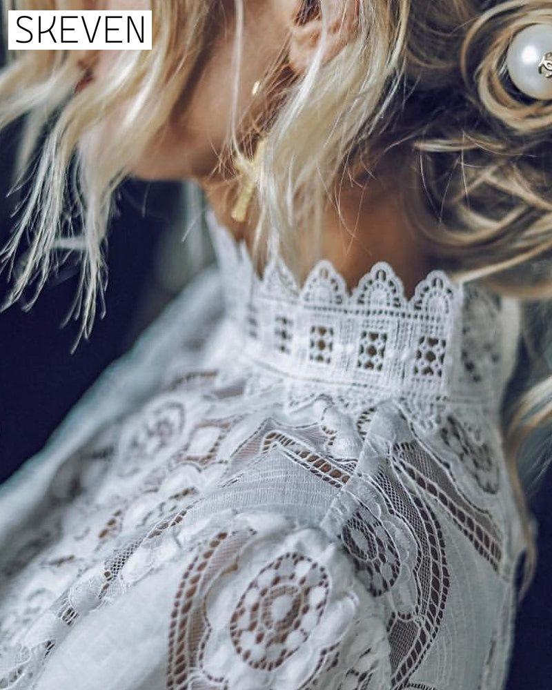 Sexy See-Through Long-Sleeved Stand-Collar Lace Blouse